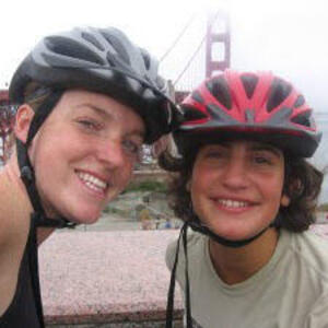 Helen Sullivan and Mrs P with bicycle helmets